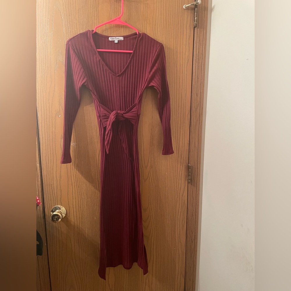 Velvet Torch midi bodycon red long sleeve dress with tie front